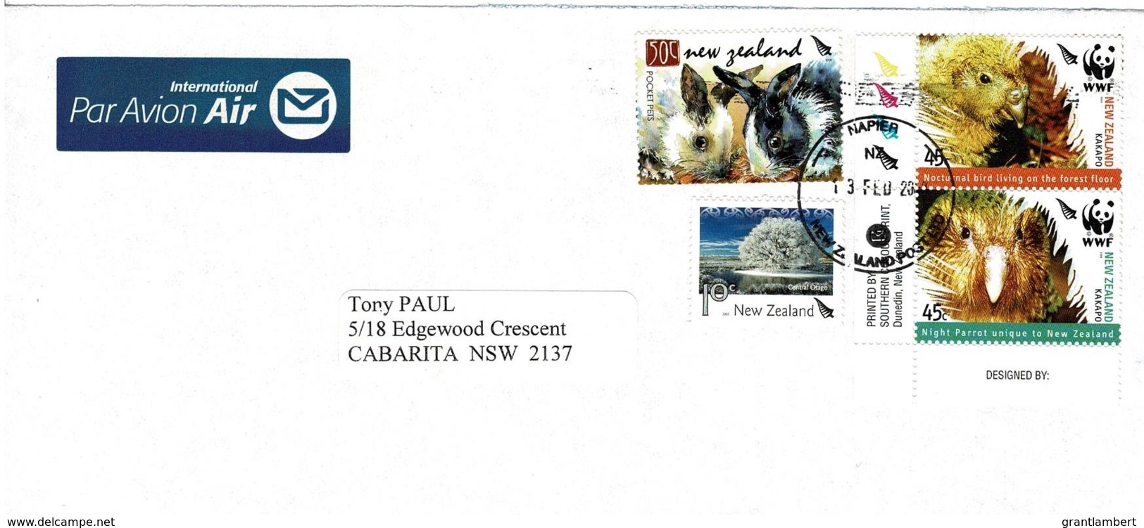 New Zealand 2008 Bird Kakapo 2005 WWF Etc, On Airmail Letter To Australia - Covers & Documents