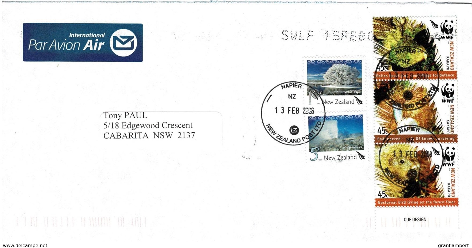 New Zealand 2008 Bird Kakapo 2005 WWF Etc, On Airmail Letter To Australia - - - - Covers & Documents