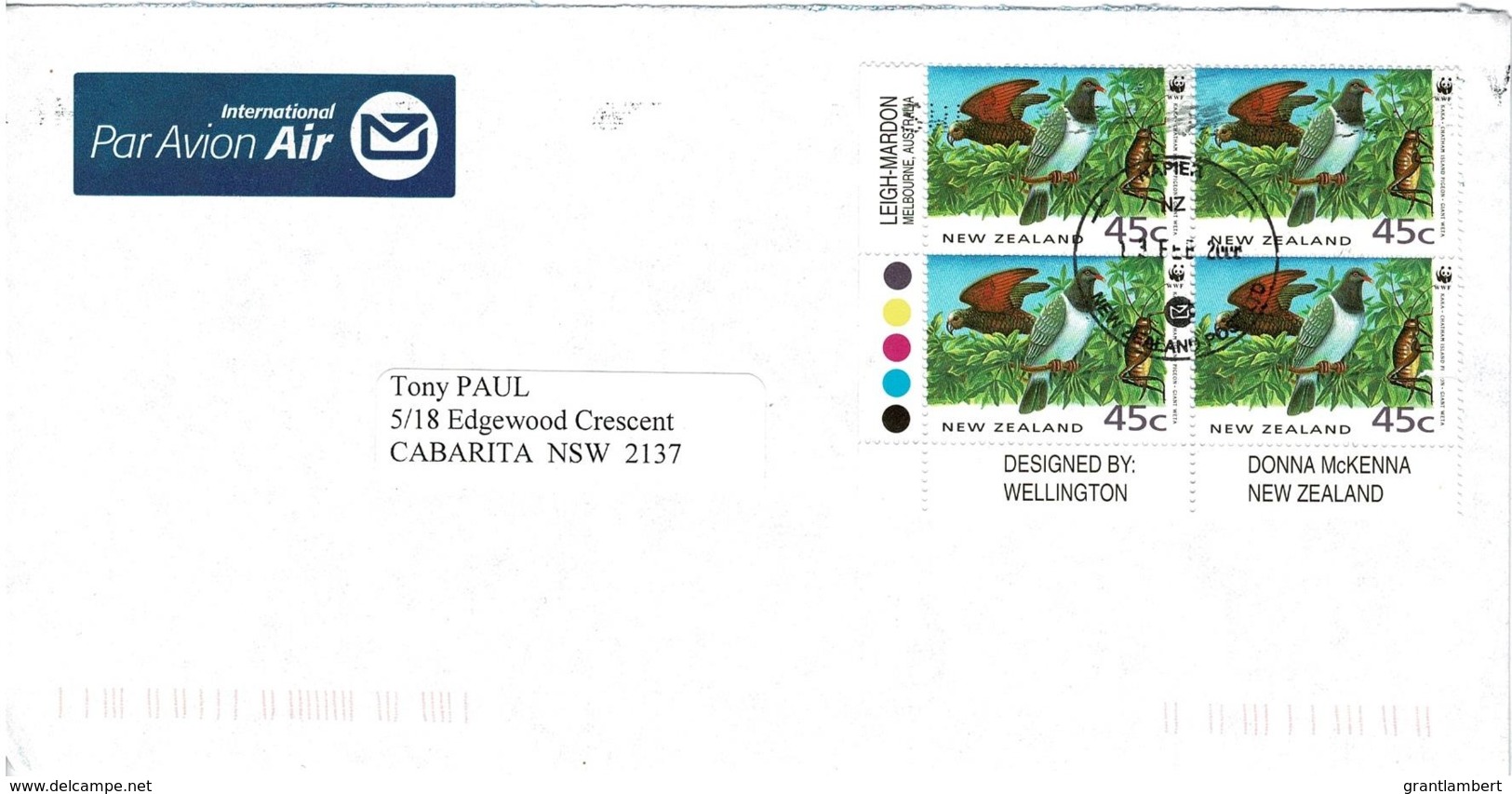 New Zealand 2008 Birds 1993 WWF Block Of 4 On Airmail Letter To Australia - Covers & Documents