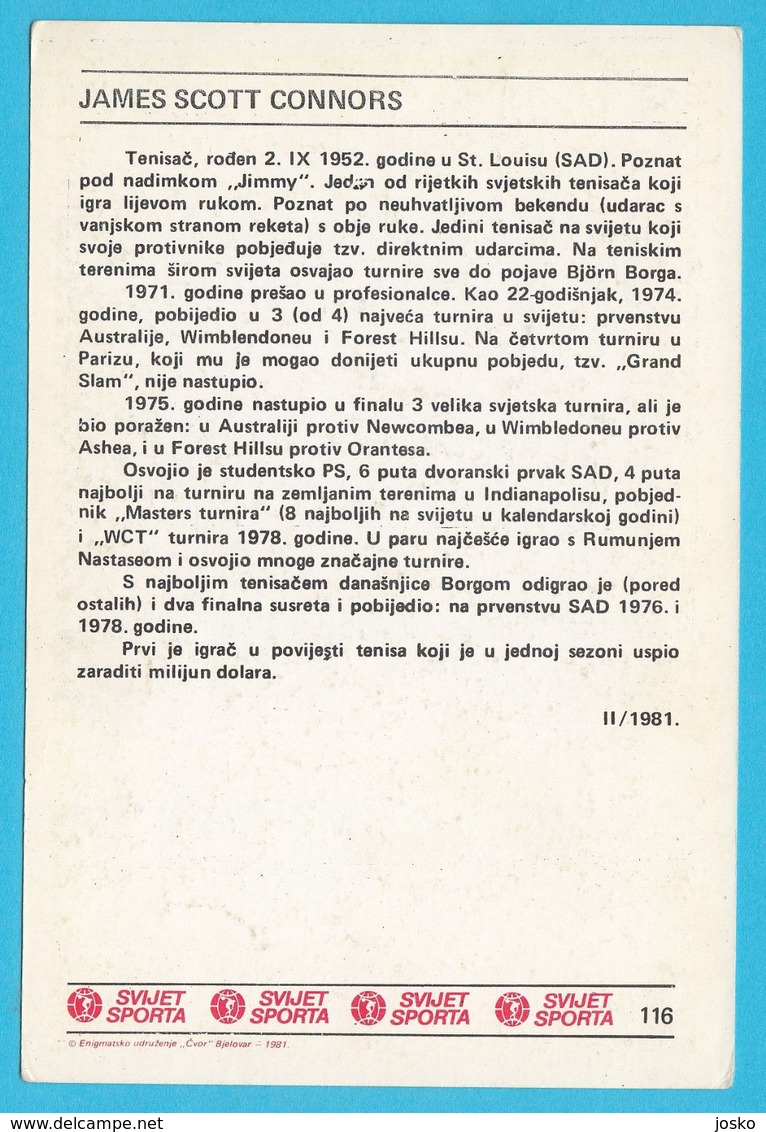 JAMES SCOTT CONNORS - Usa Tennis ... Yugoslavia Vintage Card Svijet Sporta * LARGE SIZE * Tenis Sport - Trading-Karten