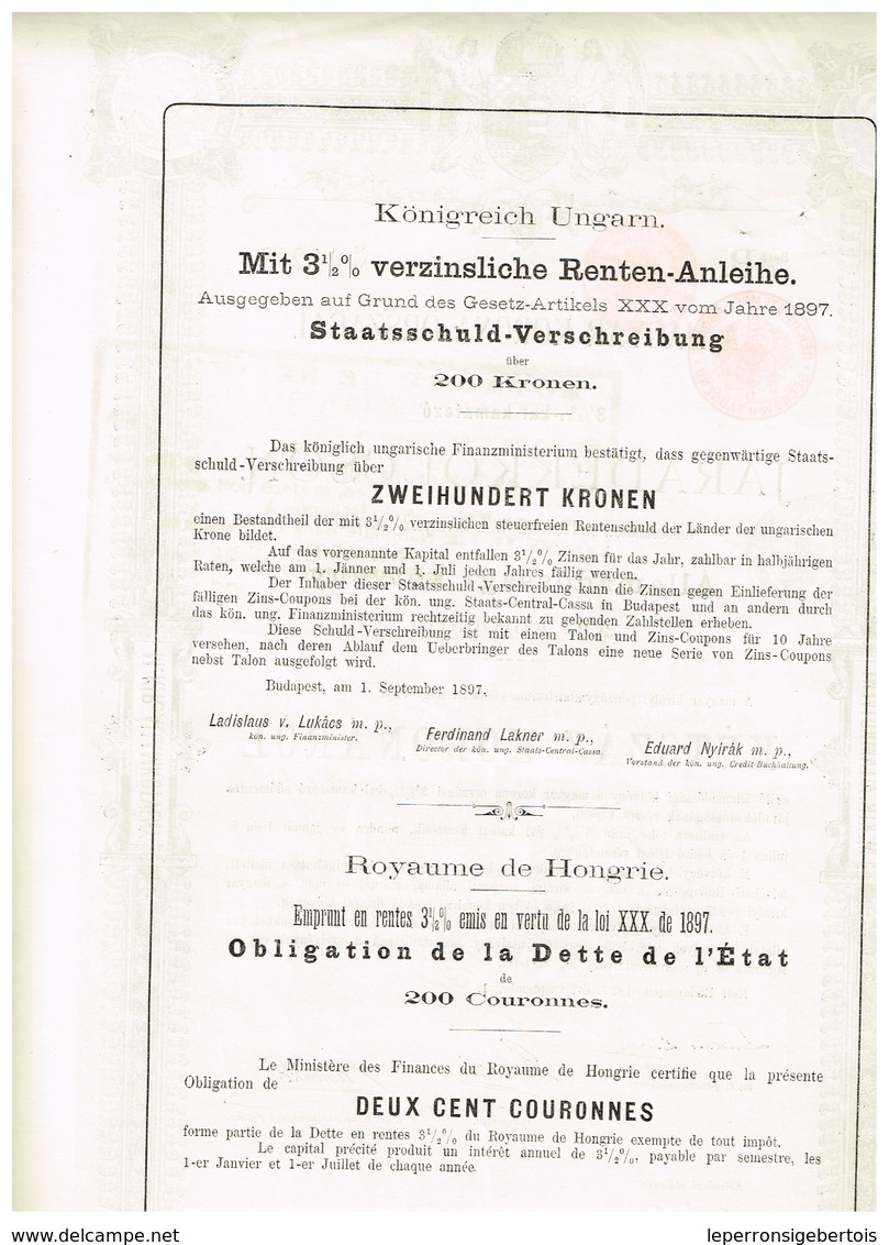 Titre Ancien - A Magyar Korona Orszagal - Royaume De Hongrie - Obligation De La Dette - Titre De 1897- - G - I