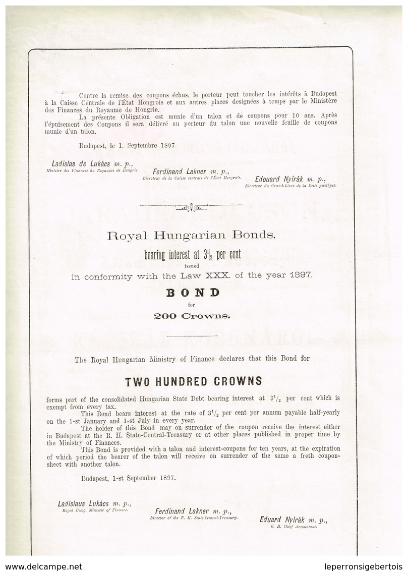 Titre Ancien - A Magyar Korona Orszagal - Royaume De Hongrie - Obligation De La Dette - Titre De 1897- - G - I