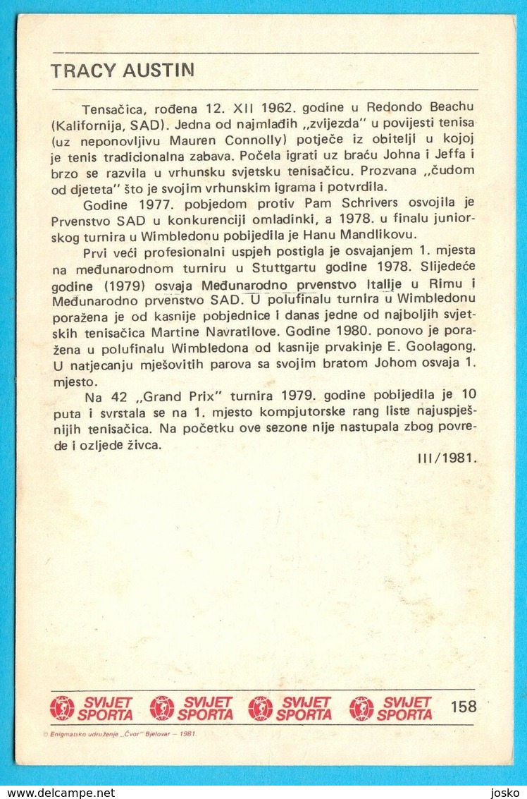 TRACY AUSTIN - Usa Tennis ... Yugoslavia Vintage Card Svijet Sporta * VERY LARGE SIZE * Tenis Sport - Trading-Karten