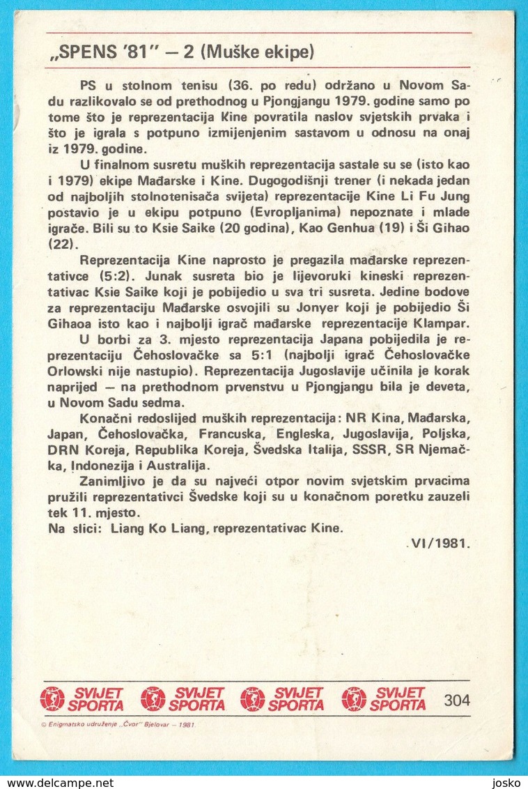 SPENS 81 - 2 Table Tennis World Chapionships 1981 - LIANG GE LIANG (Liang Ko-liang China) Yugoslavia Card Svijet Sporta - Tischtennis