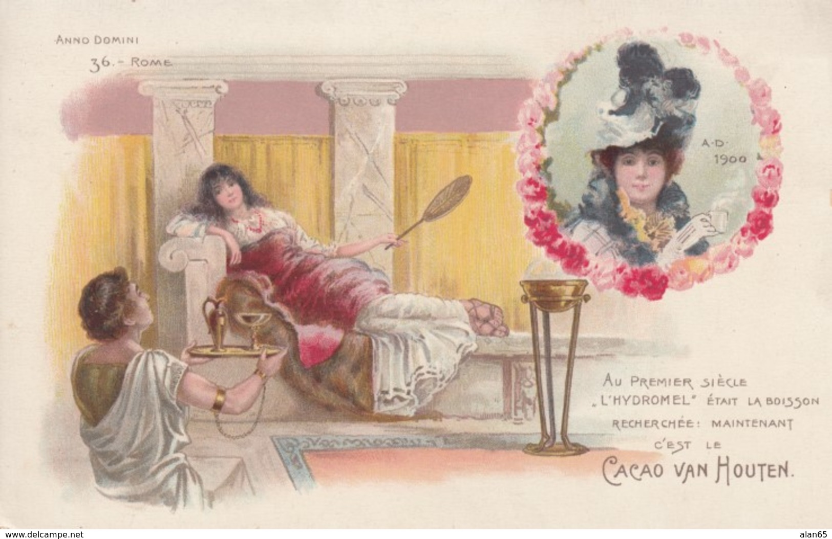 Cacao Van Houten Advertisement Card, Ancient Rome Theme And Modern 1900 Woman Drinks Van Houten Cocoa - Chocolate