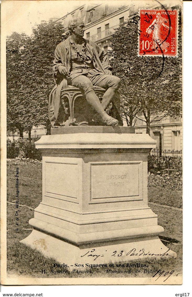 75009 - PARIS - Ses Squares Et Ses Jardins - Le Square D'Anvers - Monument Diderot - édit. LJ - Arrondissement: 09