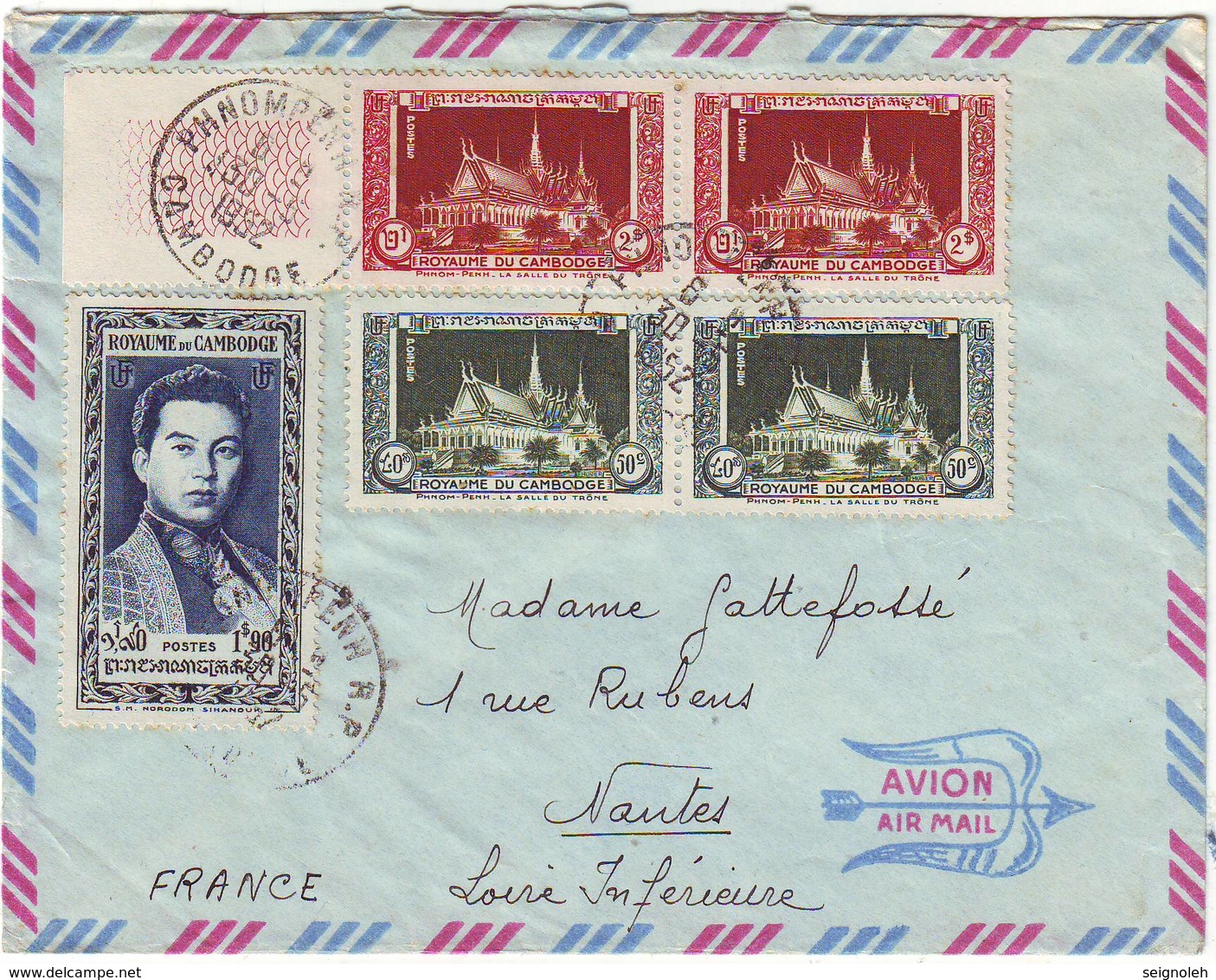 Lettre Par Avion De PHNOMPENH CAMBODGE 1952 Pour La France ..... - Cambogia