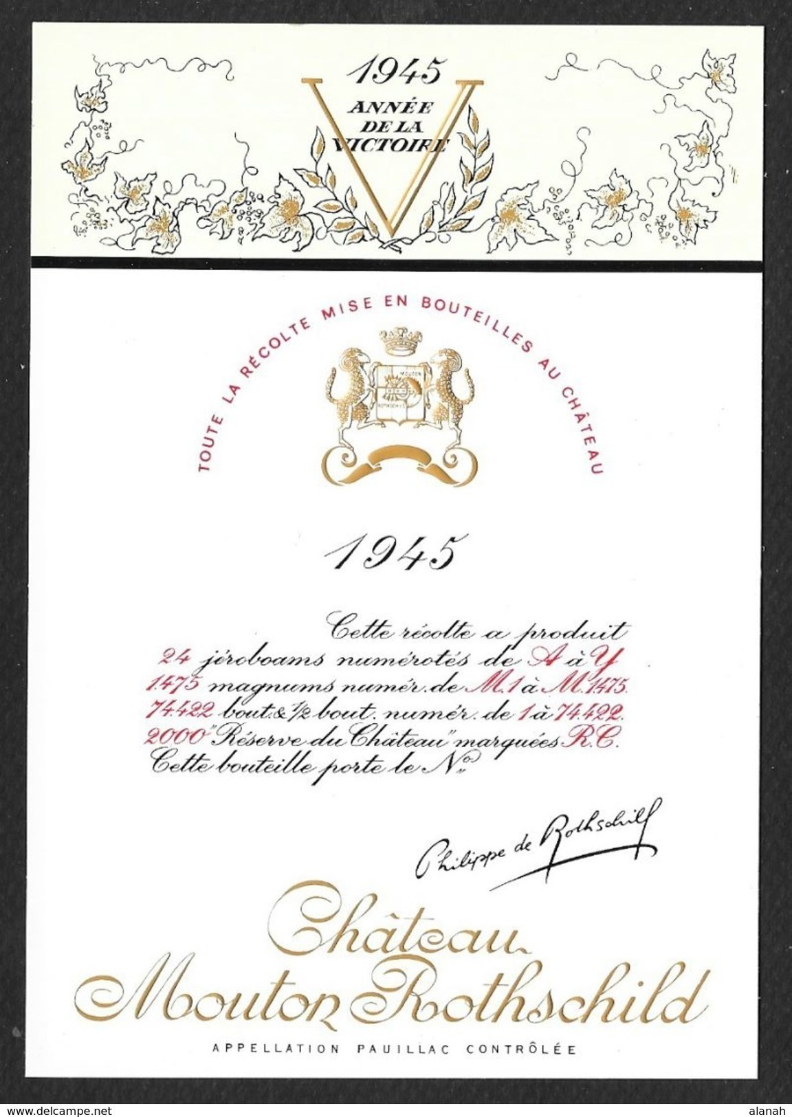 Etiquette De Vin 1945 MOUTON ROTHSCHILD L'Année De La Victoire Gouache De Philippe JULLIAN - Autres & Non Classés