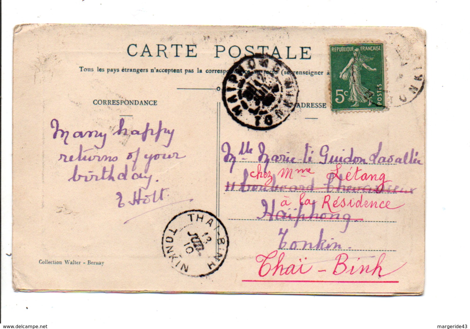 INDOCHINE CARTE POUR HAÏPHONG PUIS THAÏ BINH 1910 - Lettres & Documents