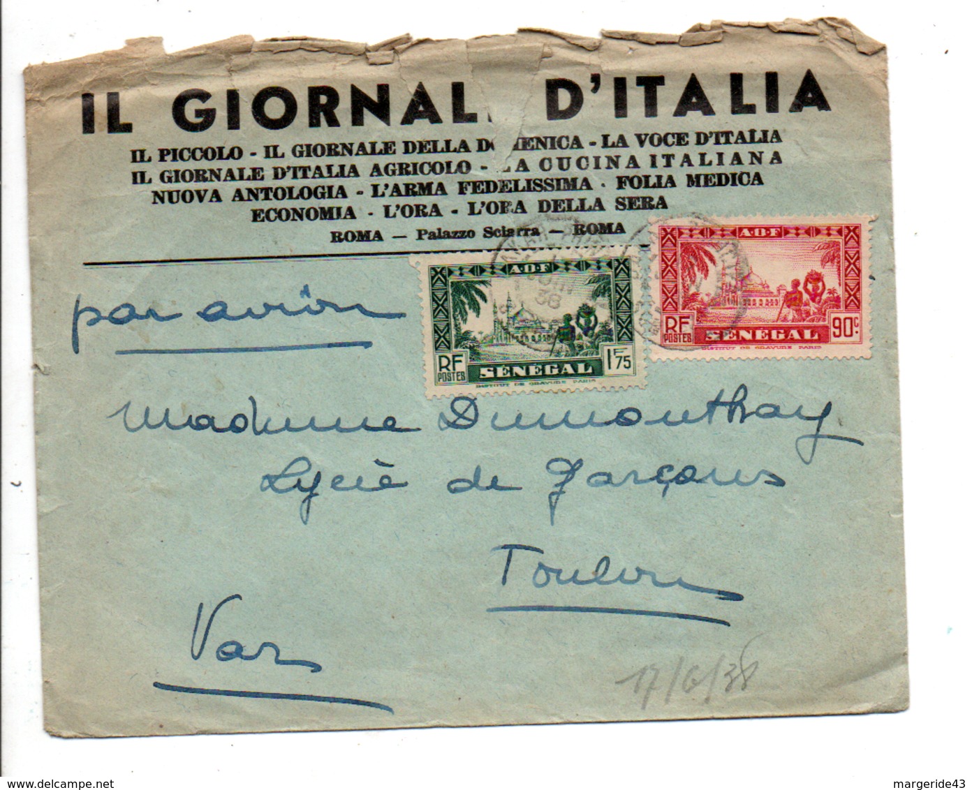 A O F AFFRANCHISSEMENT COMPOSE SUR  LETTRE A EN TETE DE DAKAR POUR LA FRANCE 1938 - Storia Postale