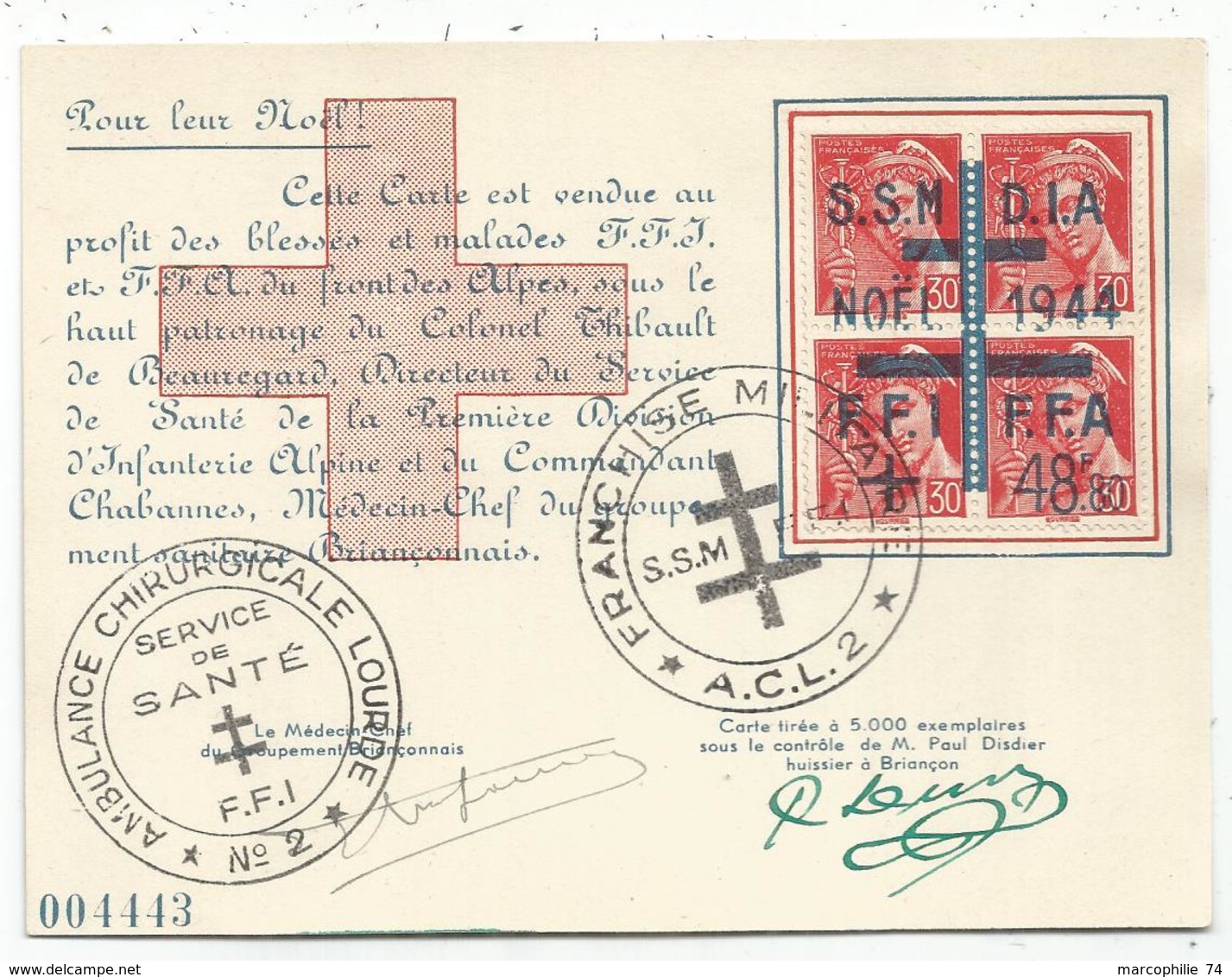 MERCURE 30C BLOC DE 4 CARTE SPECIALE NOEL 1944 FFI FM AMULANCE BRIANCONNAIS - Bevrijding