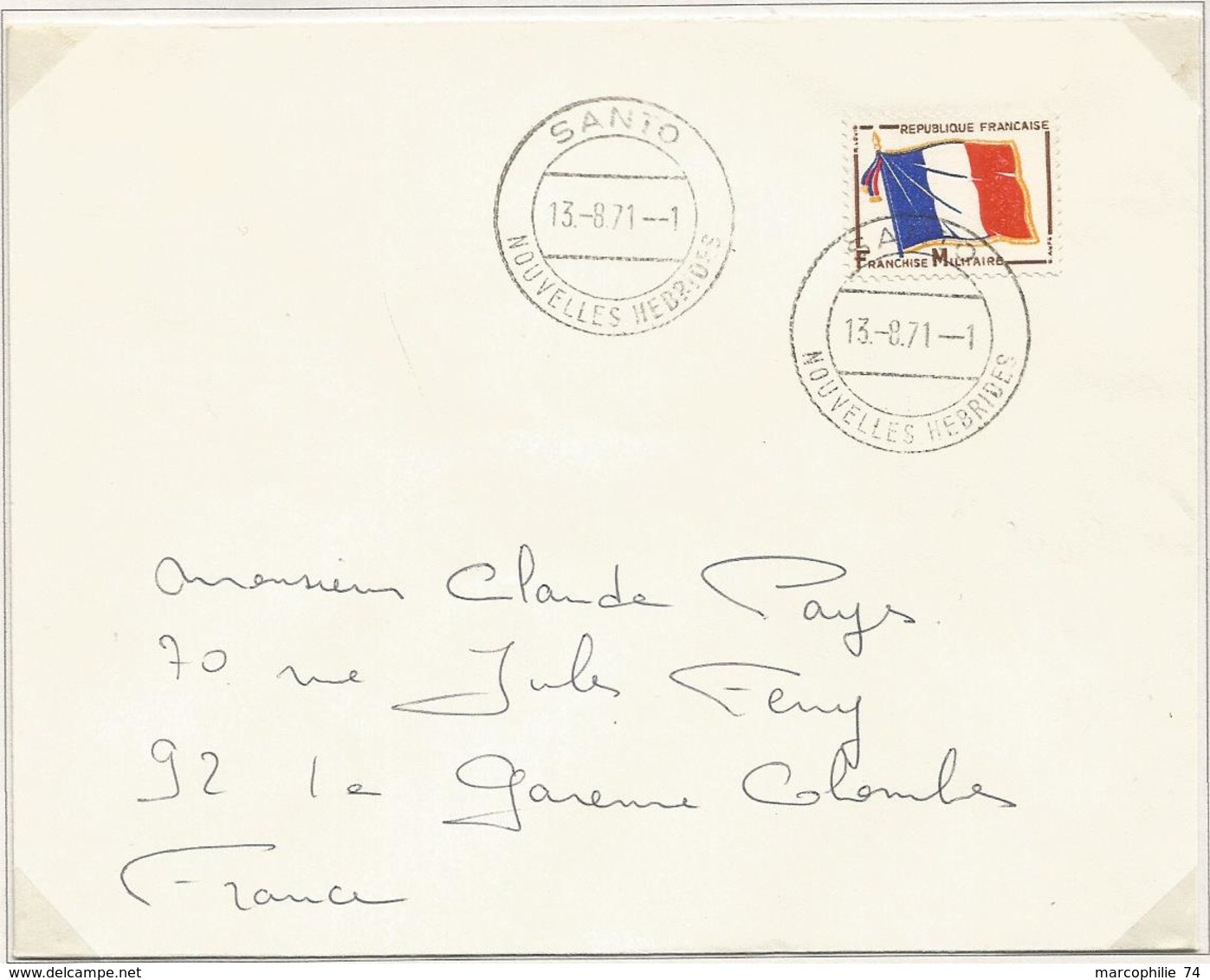 FM DRAPEAU LETTRE SANTO NOUVELLES HEBRIDES 13.8.1971  RARE SUPERBE - Timbres De Franchise Militaire