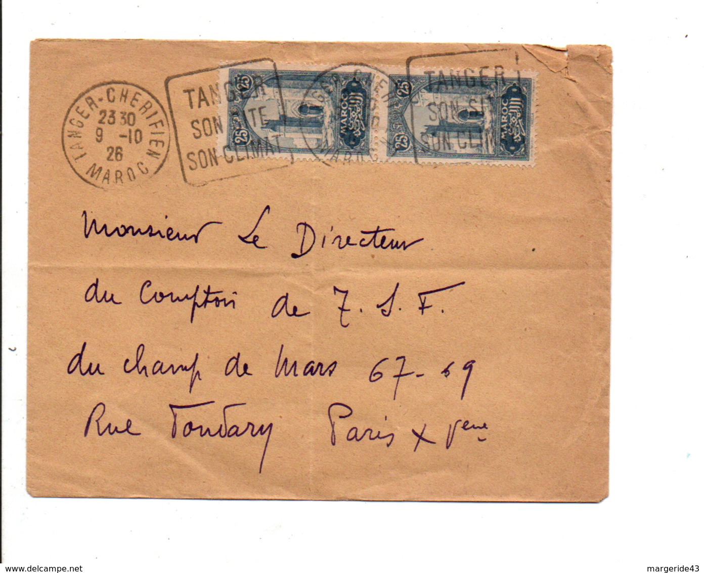 DAGUIN DE TANGER CHERIFIEN ET AFFRANCHISSEMENT COMPOSE SUR LETTRE POUR LA FRANCE 1926 - Covers & Documents