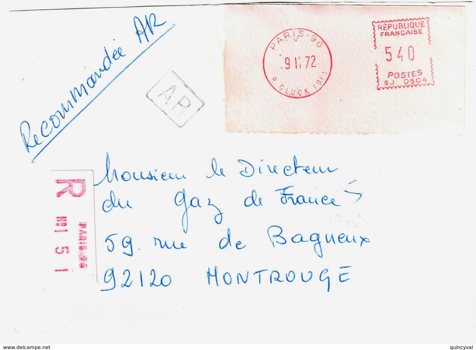 PARIS 96 Lettre Recommandée Avec AR EMA SJ 0504 Etiquette Guichet Enregistrement Reco Ob 9 11 1972 - Affrancature Meccaniche Rosse (EMA)