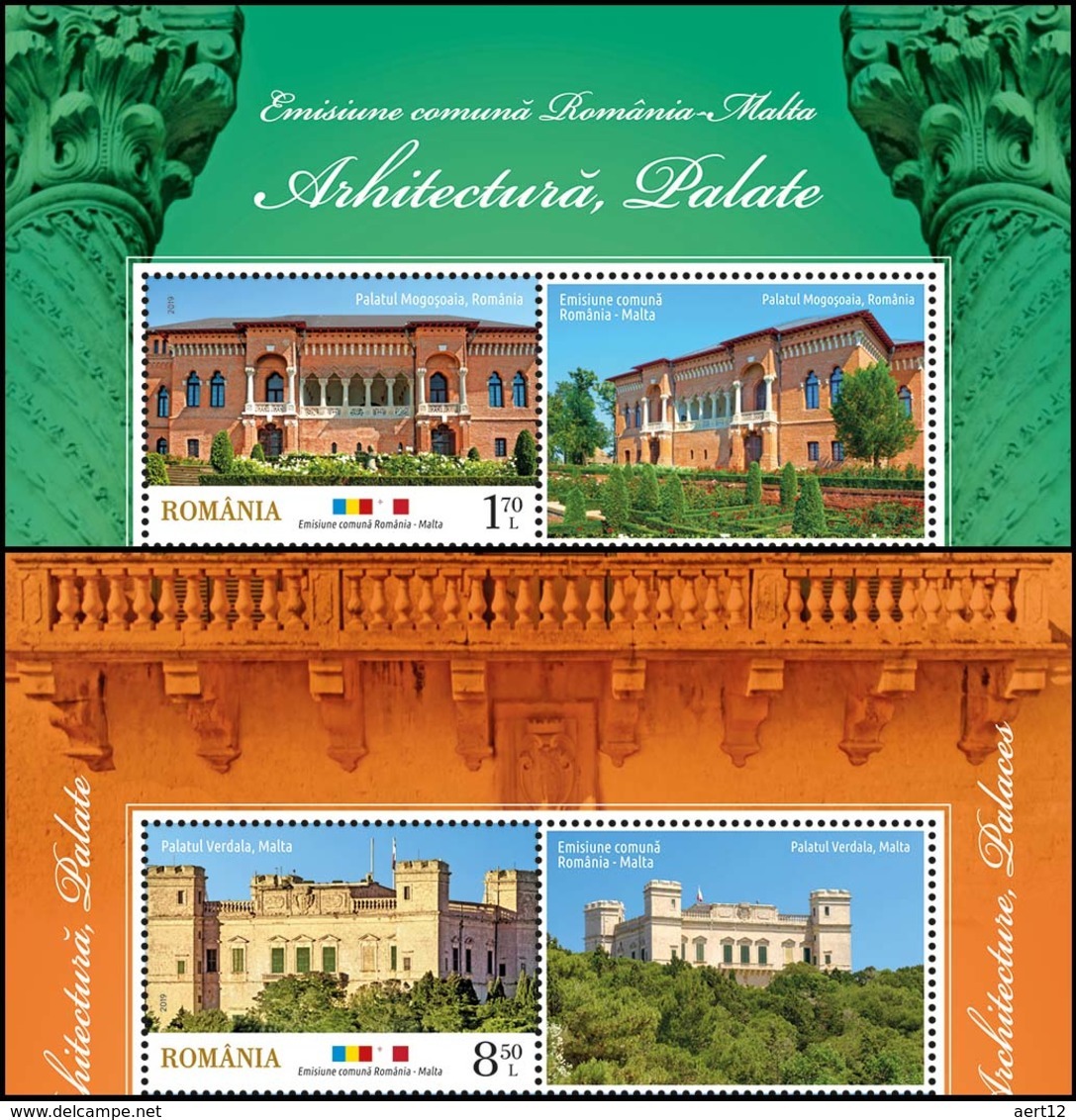 ROMANIA, 2019, Joint Issue ROMANIA MALTA, Architecture, Palaces, 2 Stamp + Label, MNH (**); LPMP 2258 - Nuevos