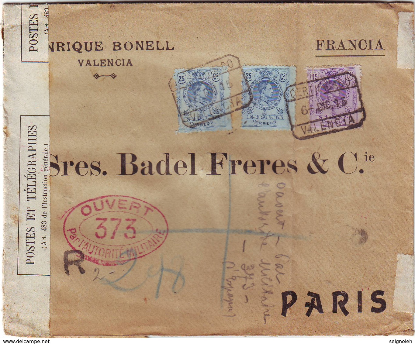 GUERRE DE 14 , Lettre RECOMMANDEE D' ESPAGNE CENSUREE Pour Paris 1915 , Spain , Espana - 1877-1920: Période Semi Moderne