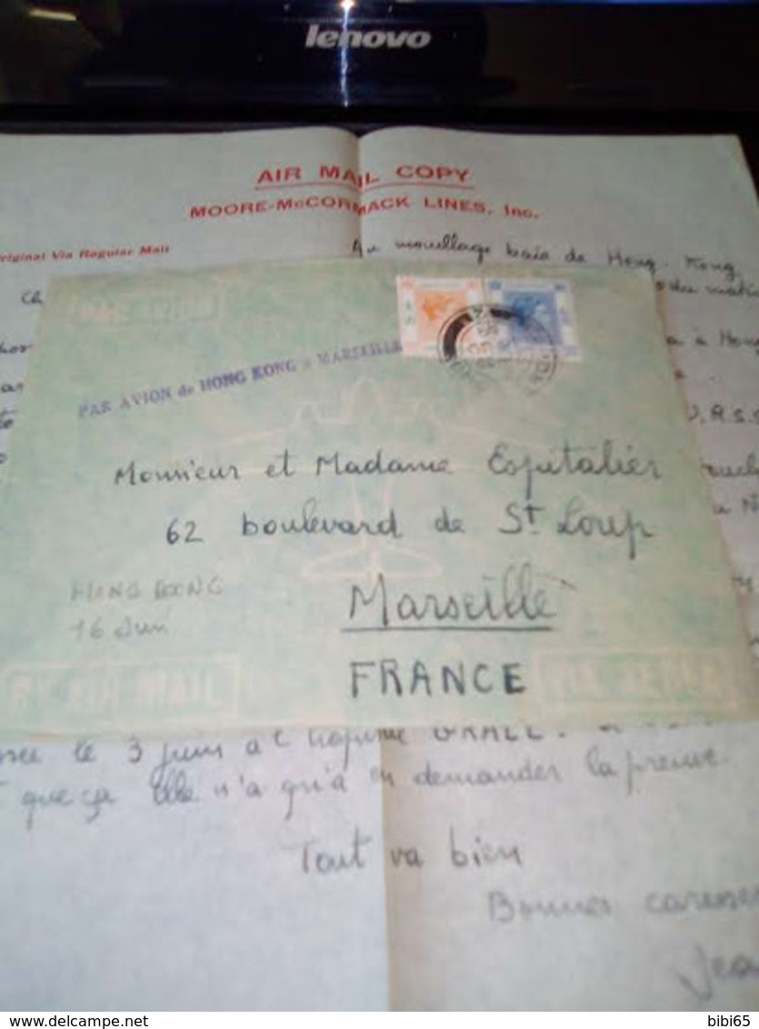 AIR MAIL COPY MOORE-McCORMACK LINES ORIGINAL VIA REGULAR MAIL 6/16/49 GRIFFE PAR AVION DE HONG KONG A MARSEILLE - Brieven En Documenten