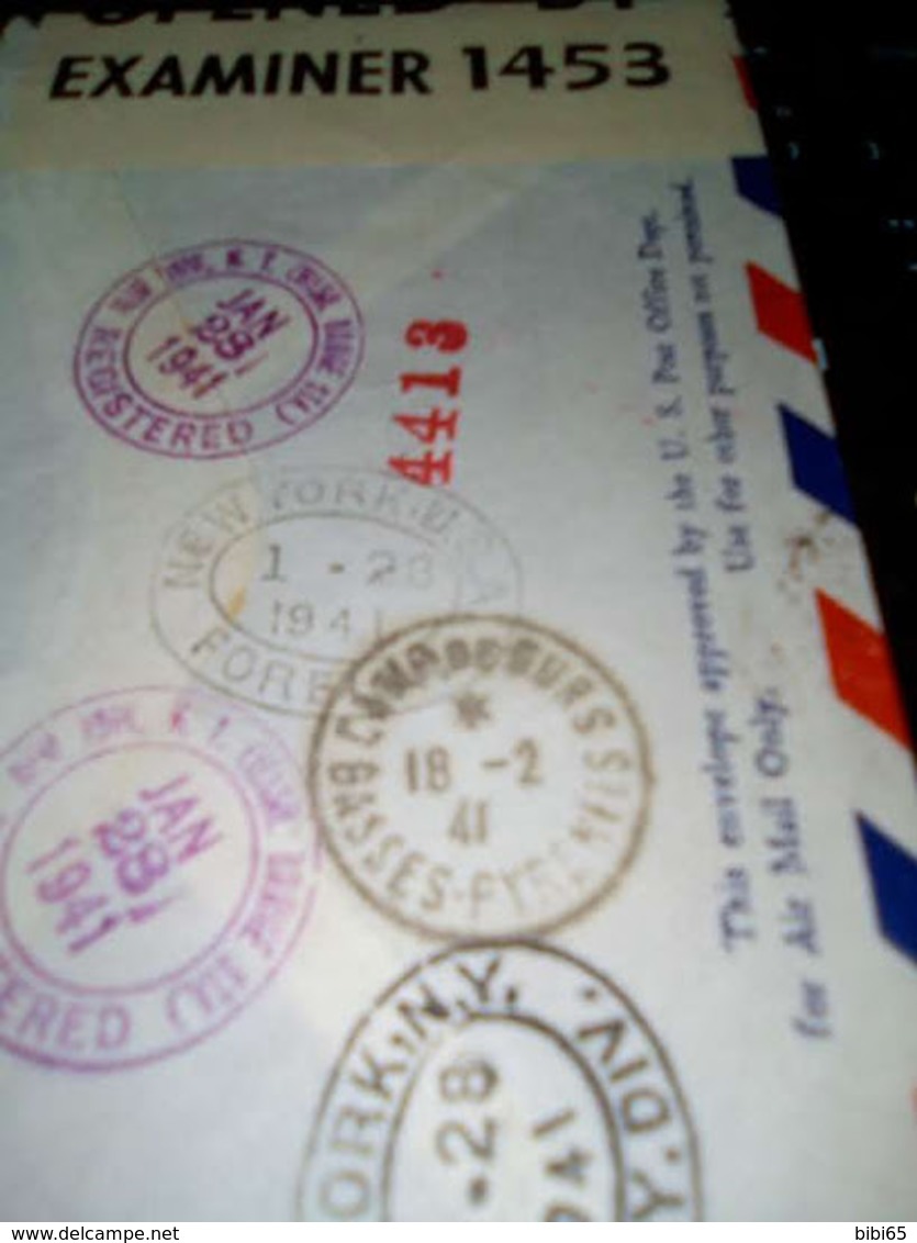 CAMP DE GURS 18/2/41 DEPART NEW-YORK AVEC ARRIVEE CACHETS CENSURE EN RECOMMANDEE VOIR SCAN - Postal History