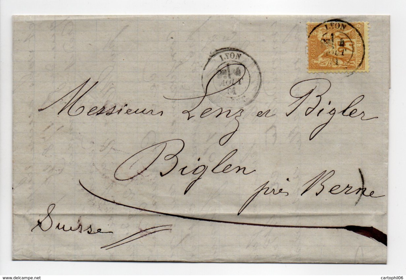 - Lettre LYON Pour BIGLEN (Suisse) 4 AOUT 1881 - 25 C. Bistre S. Jaune Type Sage II - Cachet AMBULANT - - 1877-1920: Periodo Semi Moderno