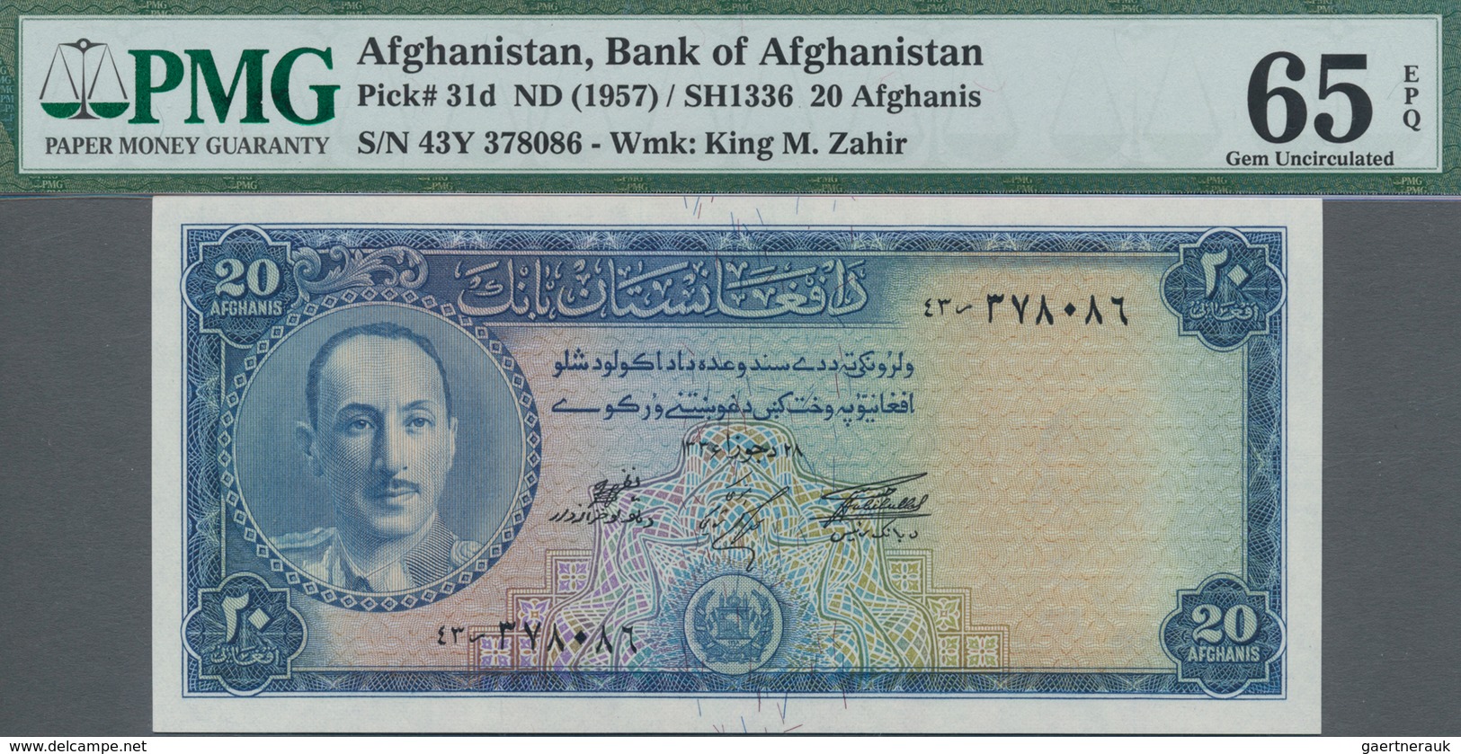 Afghanistan: Bank Of Afghanistan 20 Afghanis SH1336 ND(1957), P.31d, Perfect Condition, PMG Graded 6 - Afghanistan