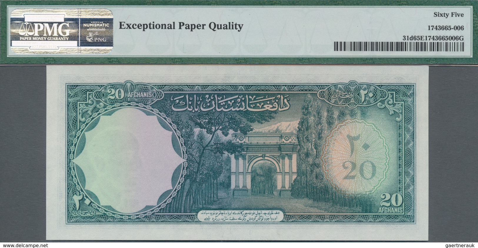 Afghanistan: Bank Of Afghanistan 20 Afghanis SH1336 ND(1957), P.31d, Perfect Condition, PMG Graded 6 - Afghanistan