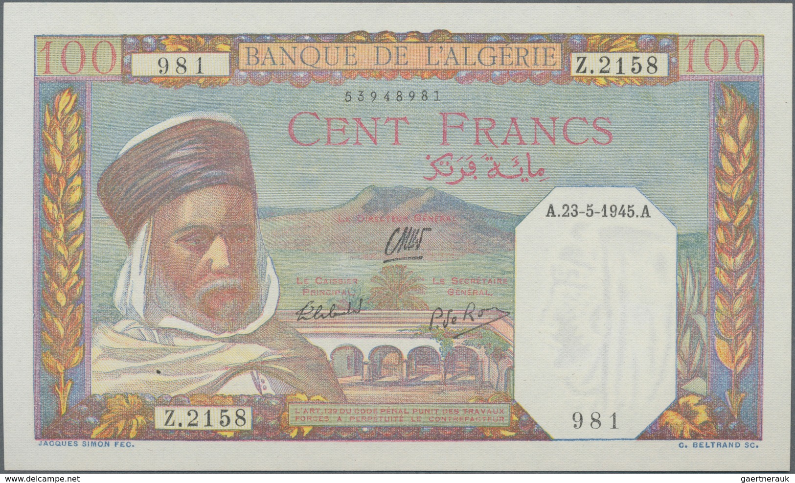 Algeria / Algerien: Banque De L'Algérie 100 Francs 1945, P.88, Tiny Dint At Upper Right Corner, Othe - Algeria