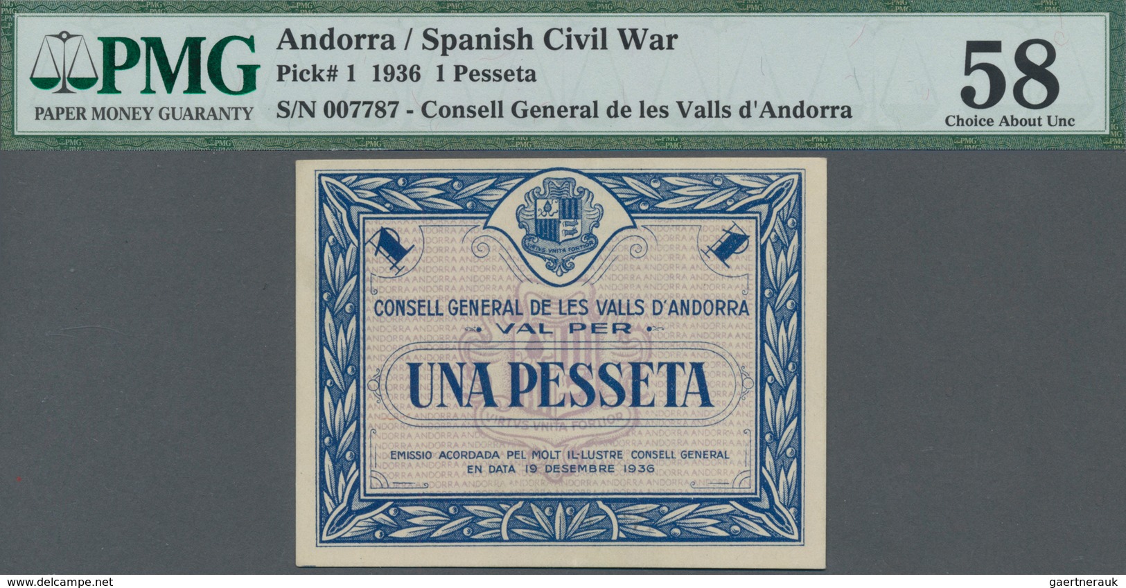 Andorra: Consell General De Les Valls D'Andorra 1 Pesseta 1936, P.1, Almost Perfect Condition And PM - Andorre