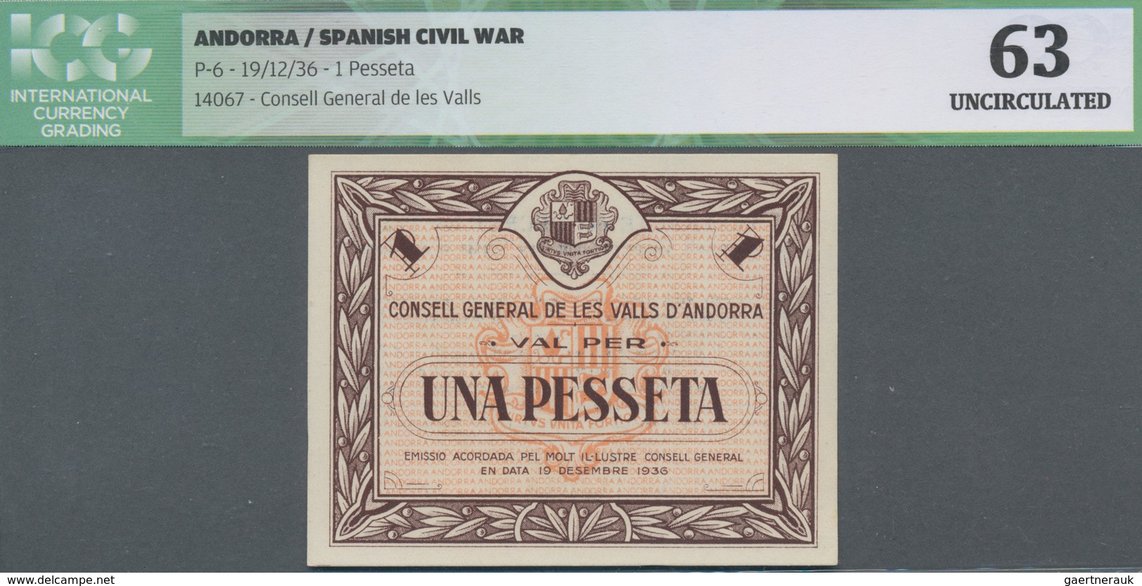 Andorra: Consell General De Les Valls D'Andorra 1 Pesseta 1936, P.6 In Perfect Condition, ICG Graded - Andorre