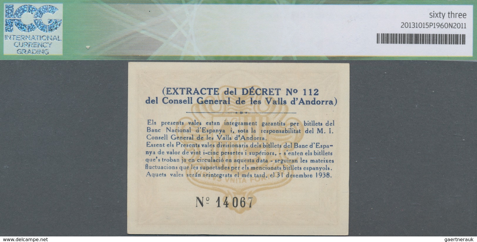 Andorra: Consell General De Les Valls D'Andorra 1 Pesseta 1936, P.6 In Perfect Condition, ICG Graded - Andorre