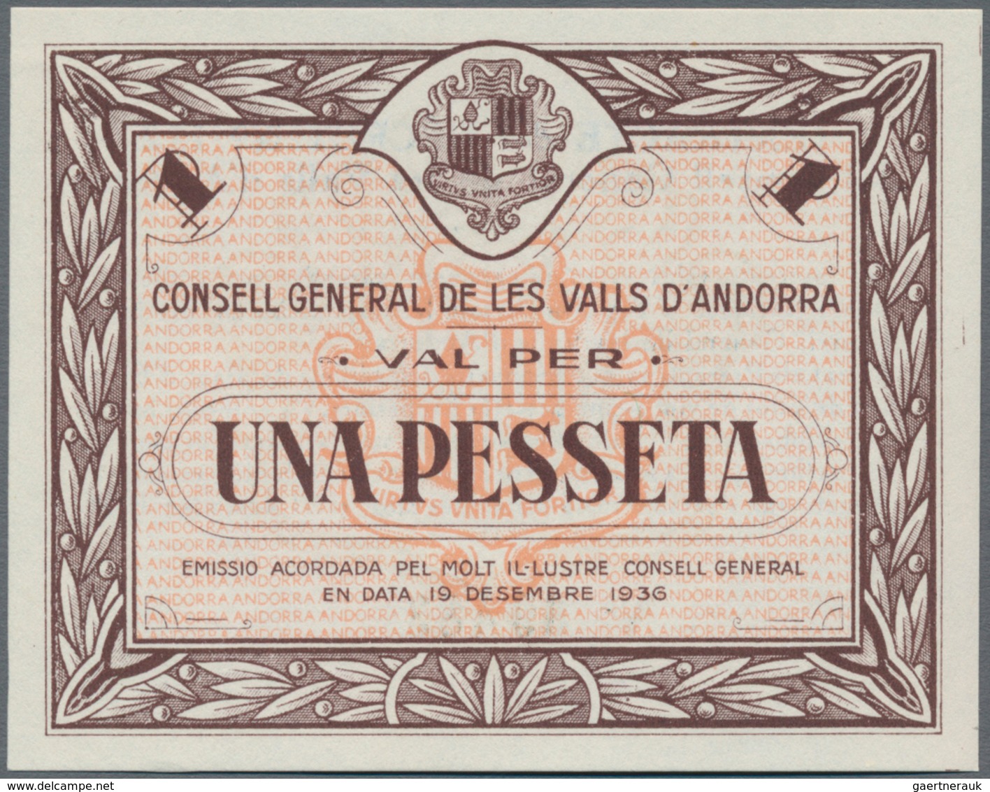 Andorra: Consell General De Les Valls D'Andorra 1 Pesseta 1936, P.6 In Perfect UNC Condition. Very R - Andorra