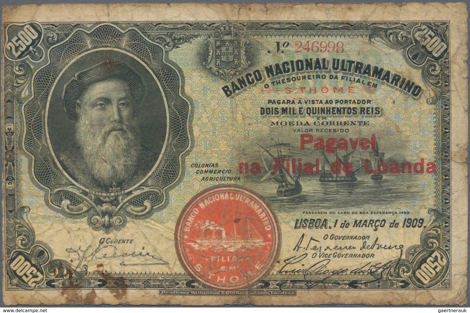 Angola: Banco Nacional Ultramarino 2500 Reis 1909 With Red Overprint "Pagavel Na Filial De Loanda" O - Angola