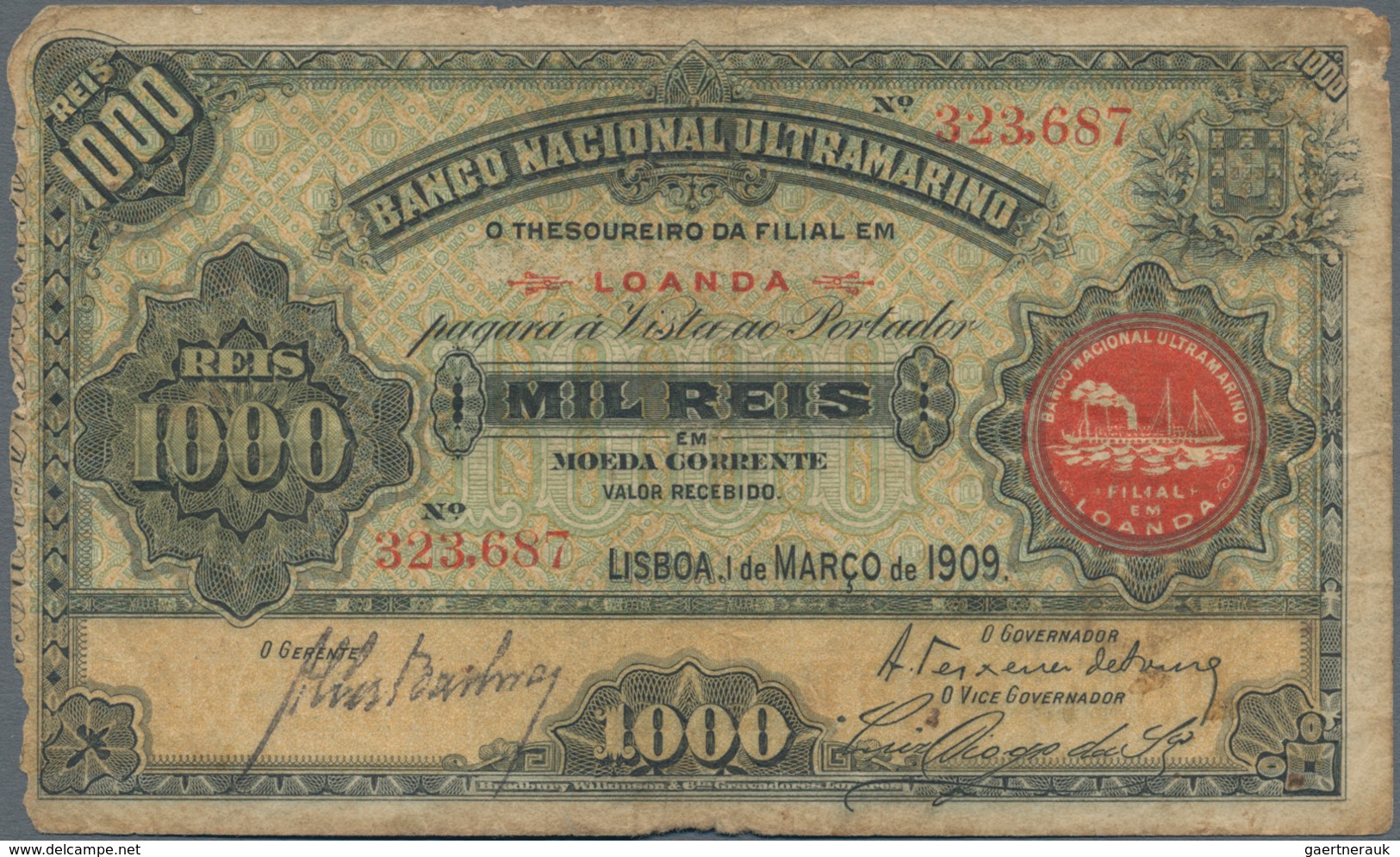 Angola: 1000 Reis 1909 With Seal Type "Filial Em Loanda", P.27, Margin Splits And Toned Paper. Condi - Angola