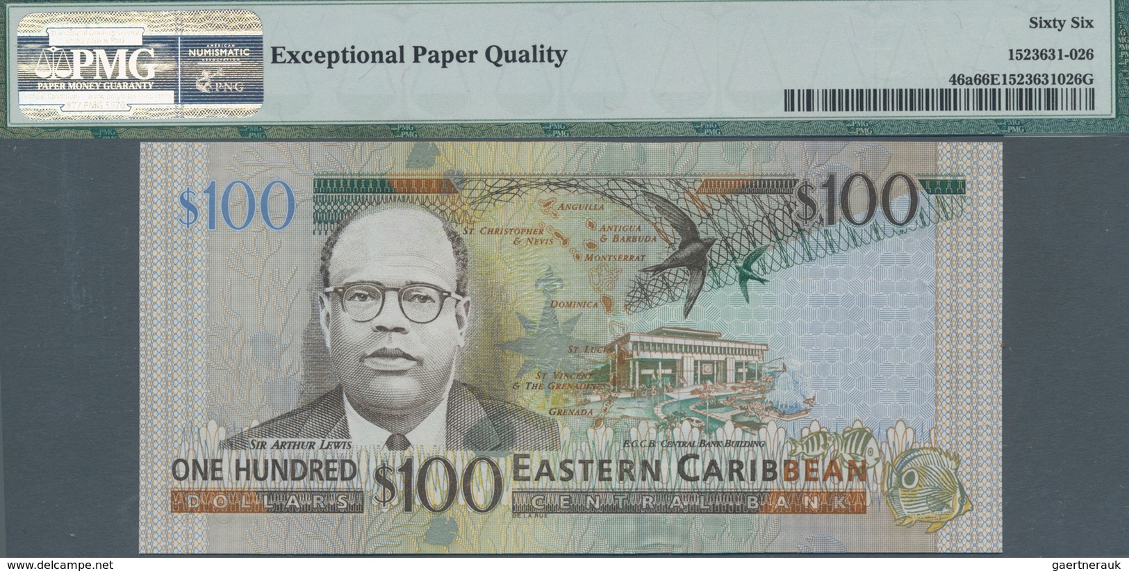 Antigua: Nice group of 4 banknotes 100 Dollars ND(2003), P.46a, all in UNC and all PMG graded 66 Gem