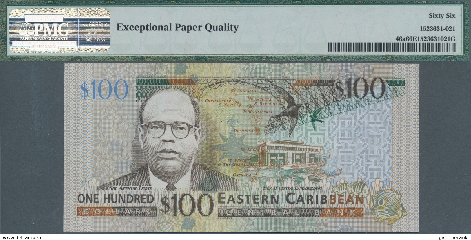 Antigua: Nice group of 4 banknotes 100 Dollars ND(2003), P.46a, all in UNC and all PMG graded 66 Gem