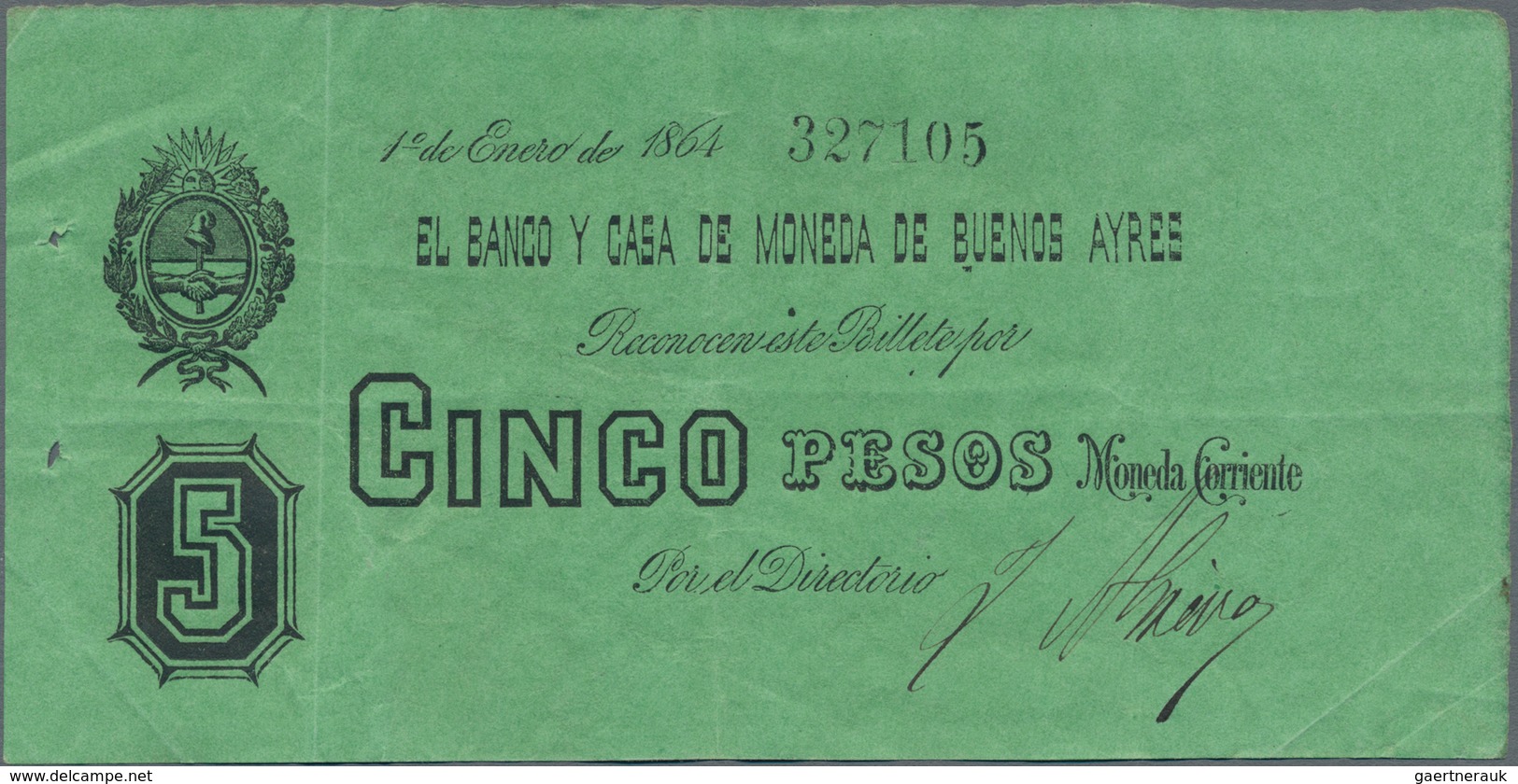 Argentina / Argentinien: Banco Y Casa De Moneda De Buenos Ayres 5 Pesos 1864, P.S442, Great Original - Argentinië