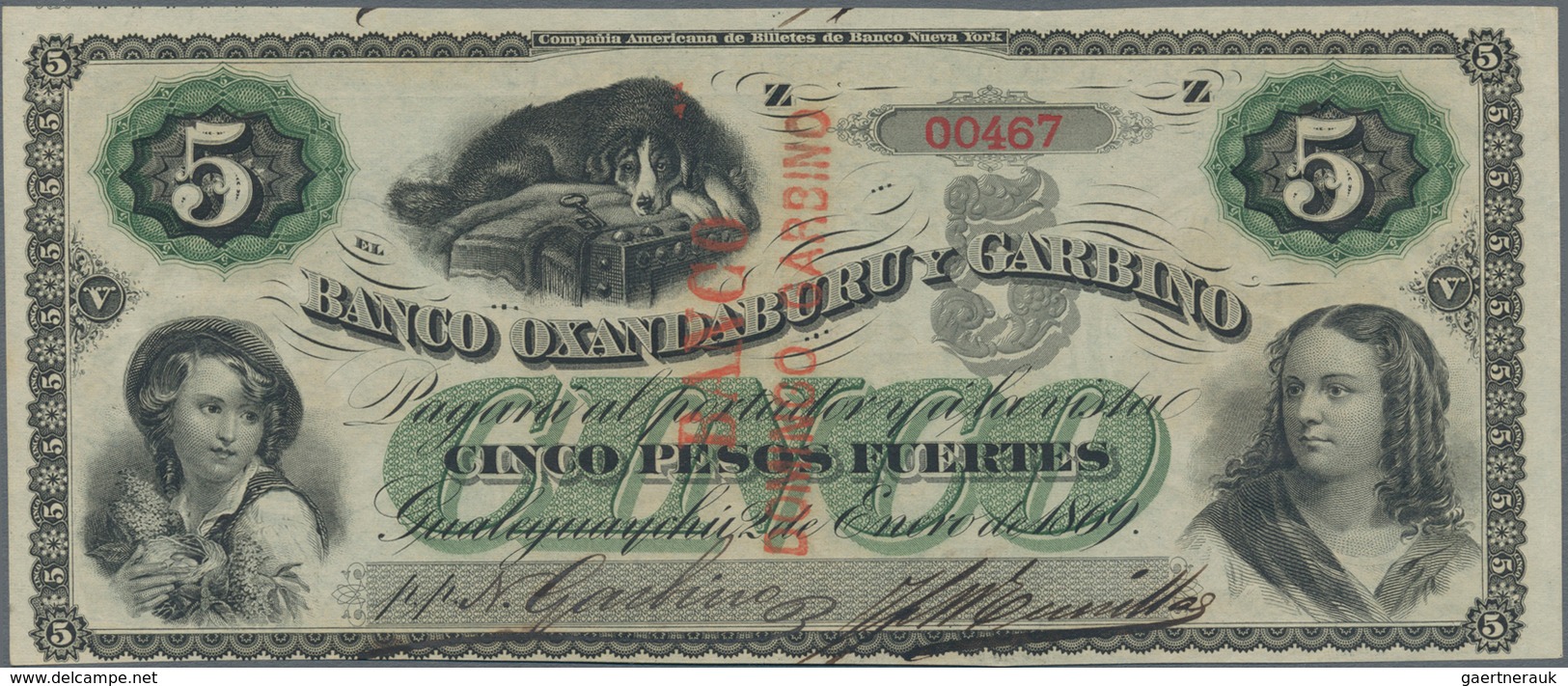 Argentina / Argentinien: Banco Oxandaburu Y Garbino 5 Pesos Fuertes 1869 With Red Overprint "BANCO D - Argentinien