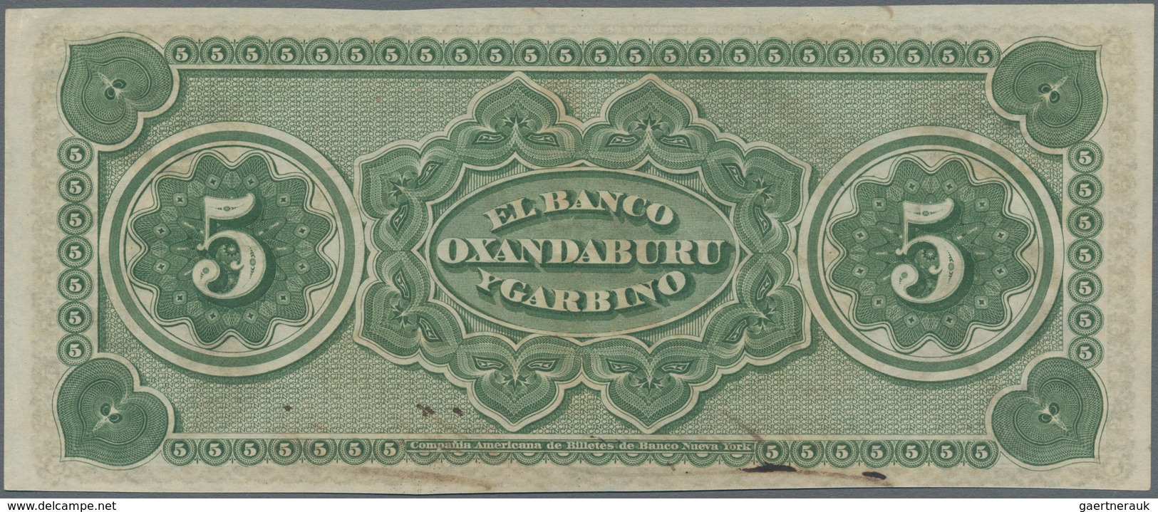 Argentina / Argentinien: Banco Oxandaburu Y Garbino 5 Pesos Fuertes 1869 With Red Overprint "BANCO D - Argentinien