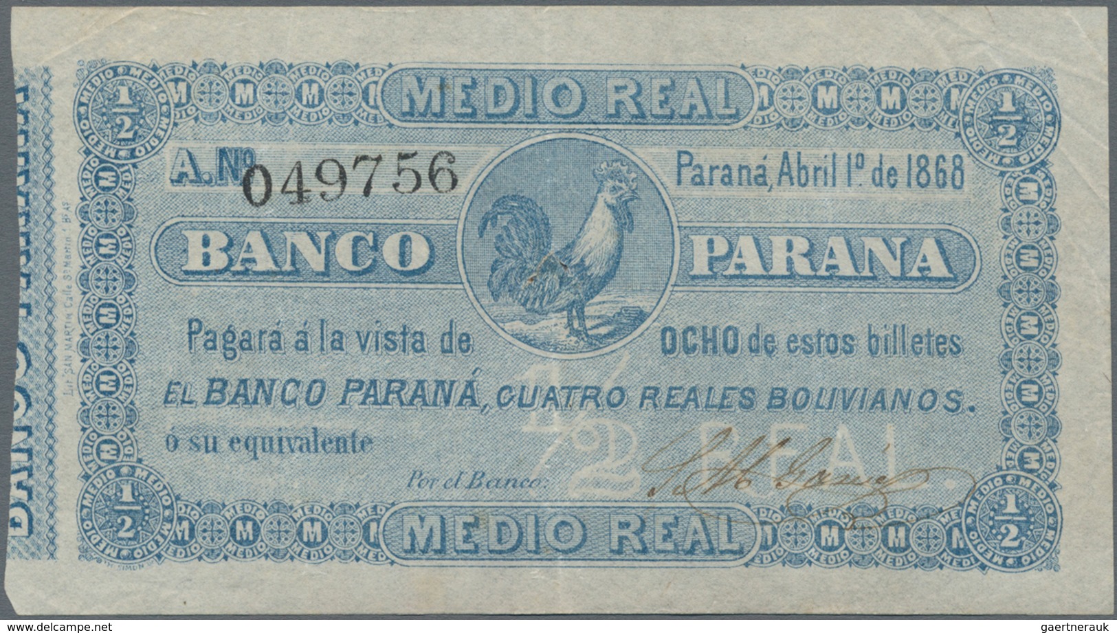 Argentina / Argentinien: Banco Parana 1/2 Real 1868, P.S1811a, Small Tear At Center, Some Folds. Con - Argentinië