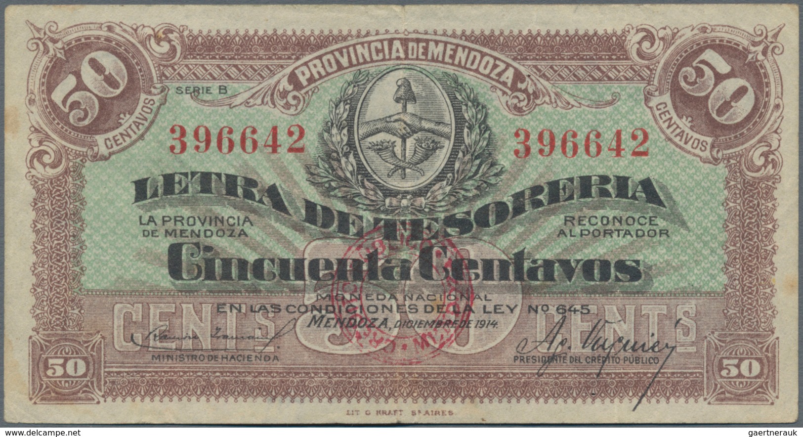 Argentina / Argentinien: Provincia De Mendoza 50 Centavos 1914 "Letra De Tesorería - Ley 645" Issue, - Argentinien