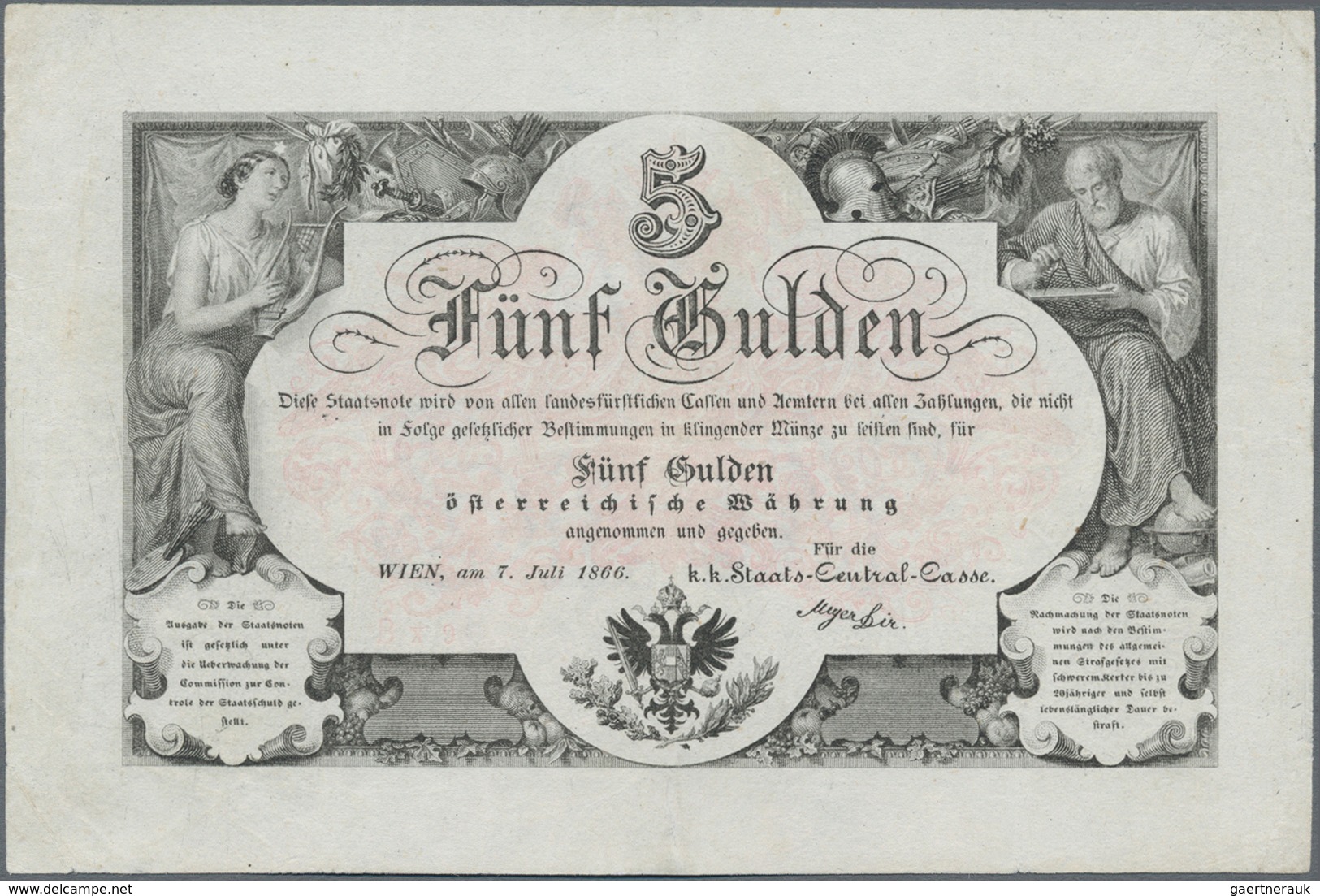 Austria / Österreich: K.u.K. Staats-Central-Casse 5 Gulden 1866 With Red Block Number, P.A151b, Stil - Austria