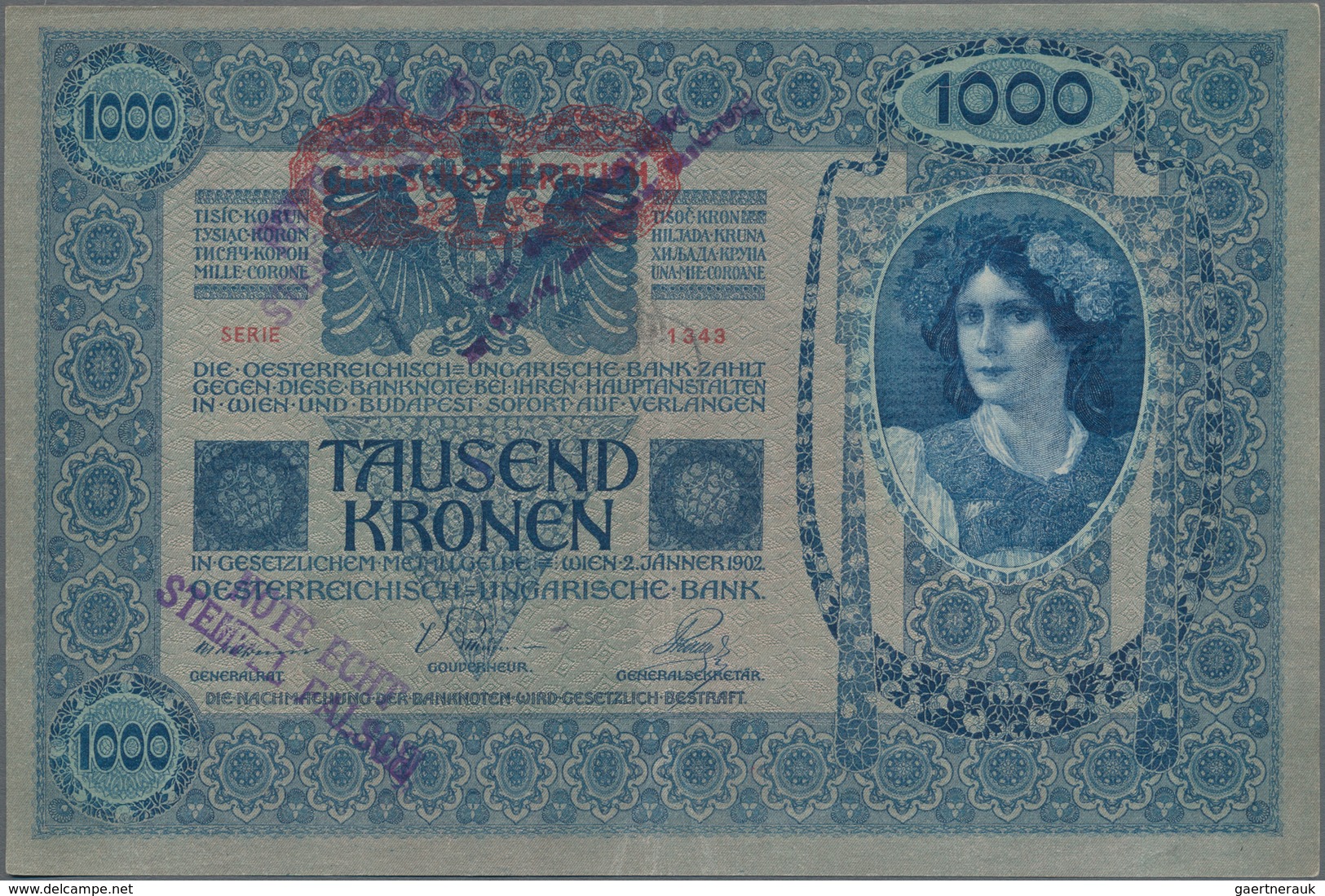 Austria / Österreich: 1000 Kronen 1902 (1919) With Stamp "Note Echt, Stempel Falsch" P.57b (XF) And - Oesterreich