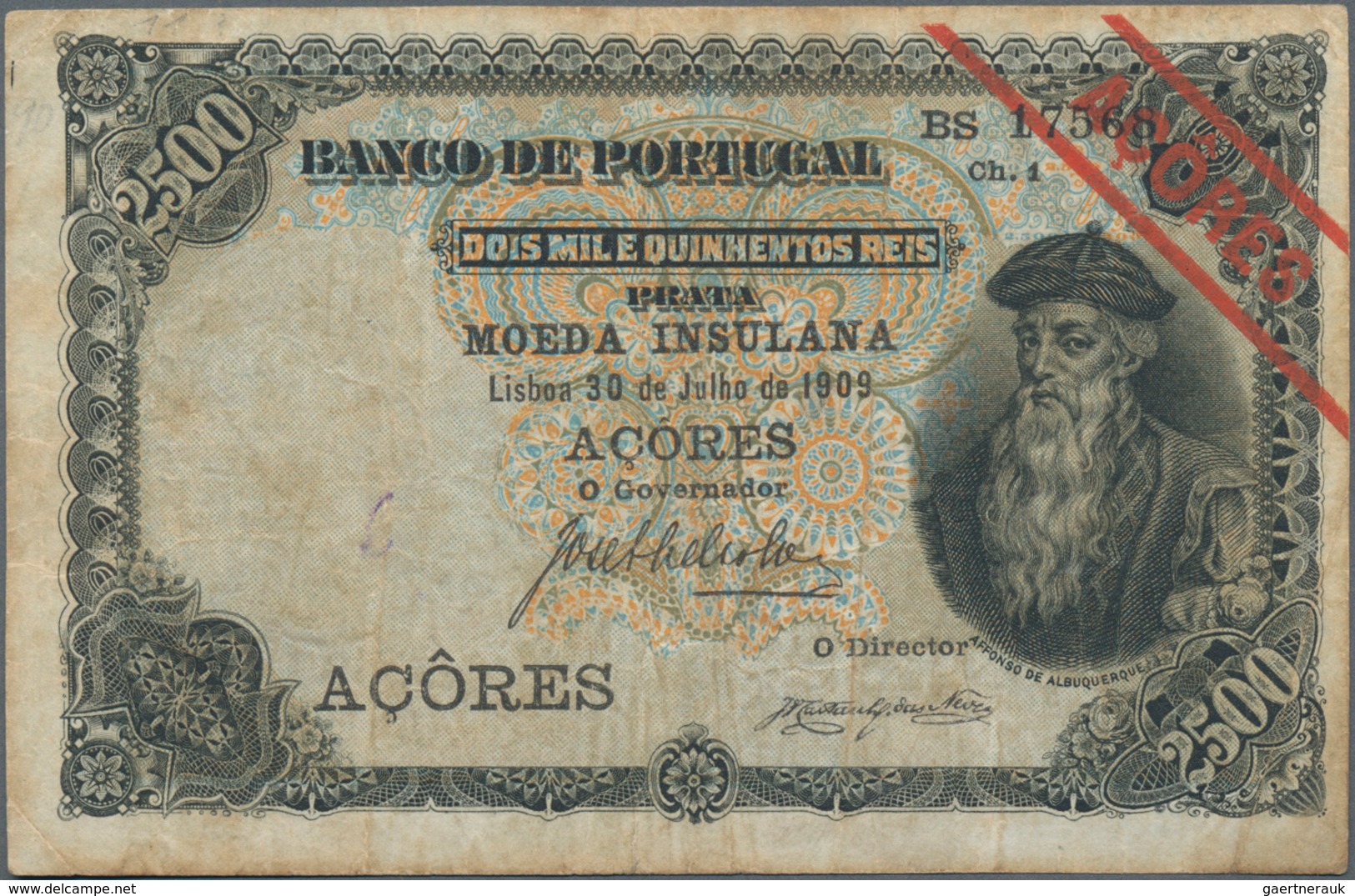 Azores / Azoren: Banco De Portugal With Overprint "MOEDA INSULANA – AÇORES" 2500 Reis 1909, P.8, Sti - Portugal