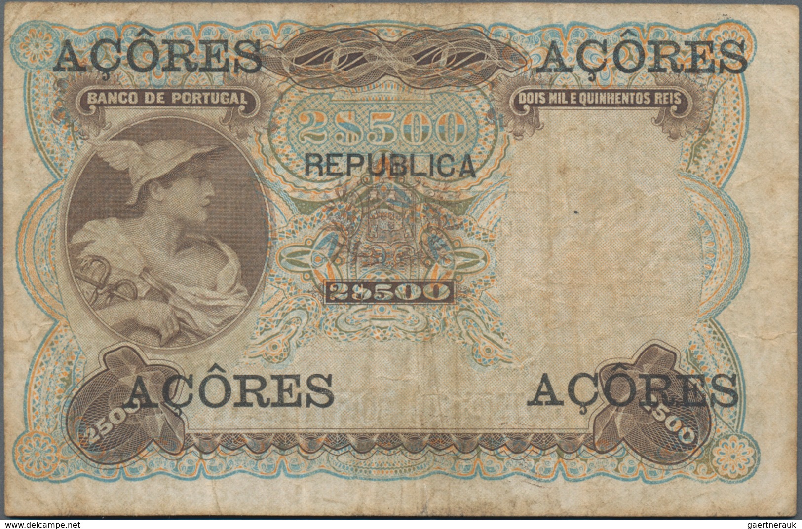 Azores / Azoren: Banco De Portugal With Overprint "MOEDA INSULANA – AÇORES" 2500 Reis 1909, P.8, Sti - Portugal