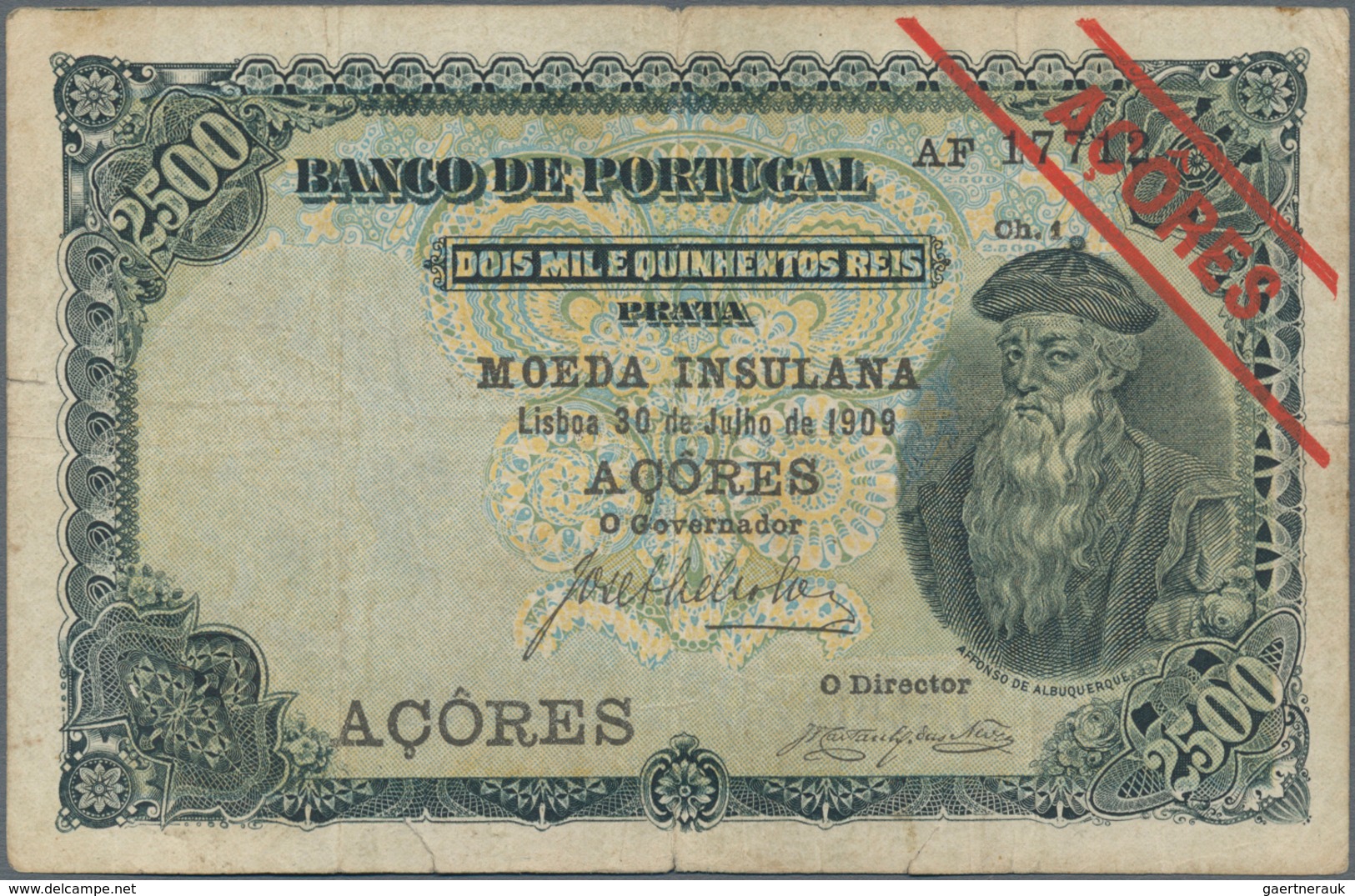 Azores / Azoren: Banco De Portugal With Overprint "AZORES" 2500 Reis 1909, P.8b, Still Nice With Som - Portugal