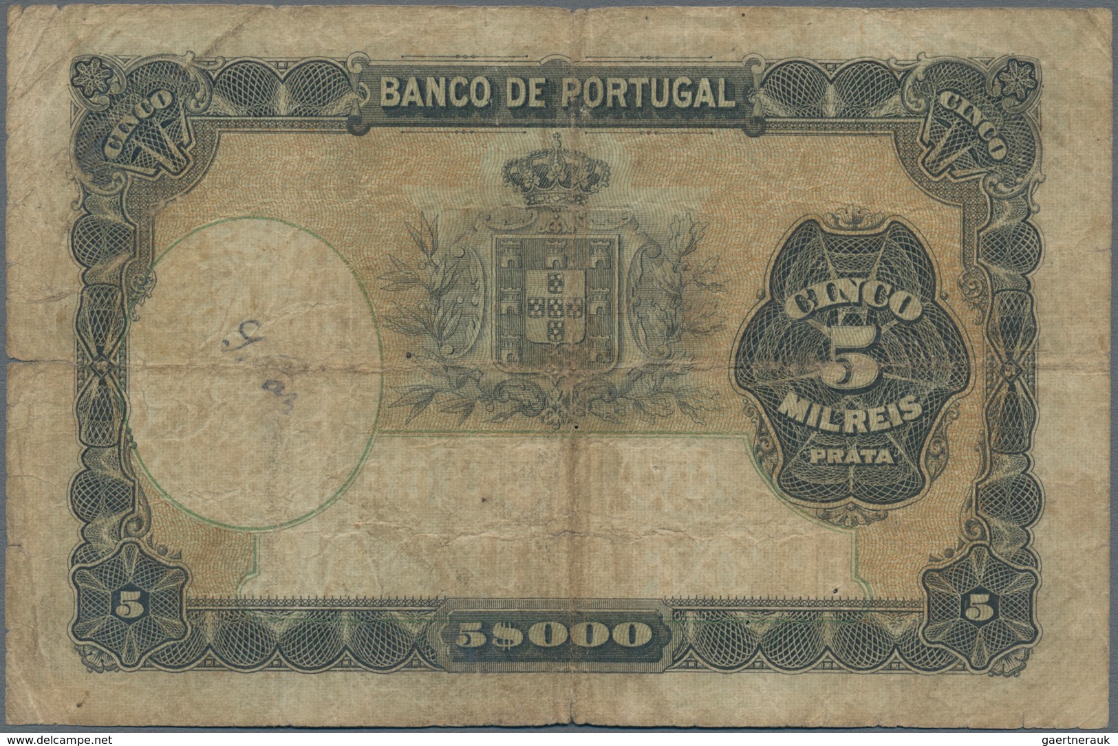 Azores / Azoren: Banco De Portugal With Overprint "MOEDA INSULANA" On PORTUGAL #83, 5 Mil Reis 1905, - Portugal