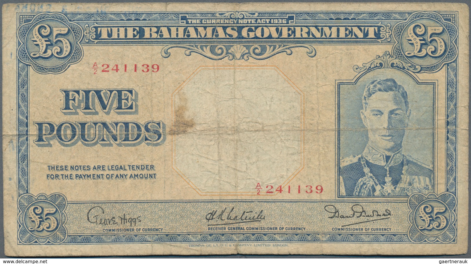 Bahamas: The Bahamas Government 5 Pounds L.1936, P.12, Toned Paper With Tiny Margin Splits, Conditio - Bahamas