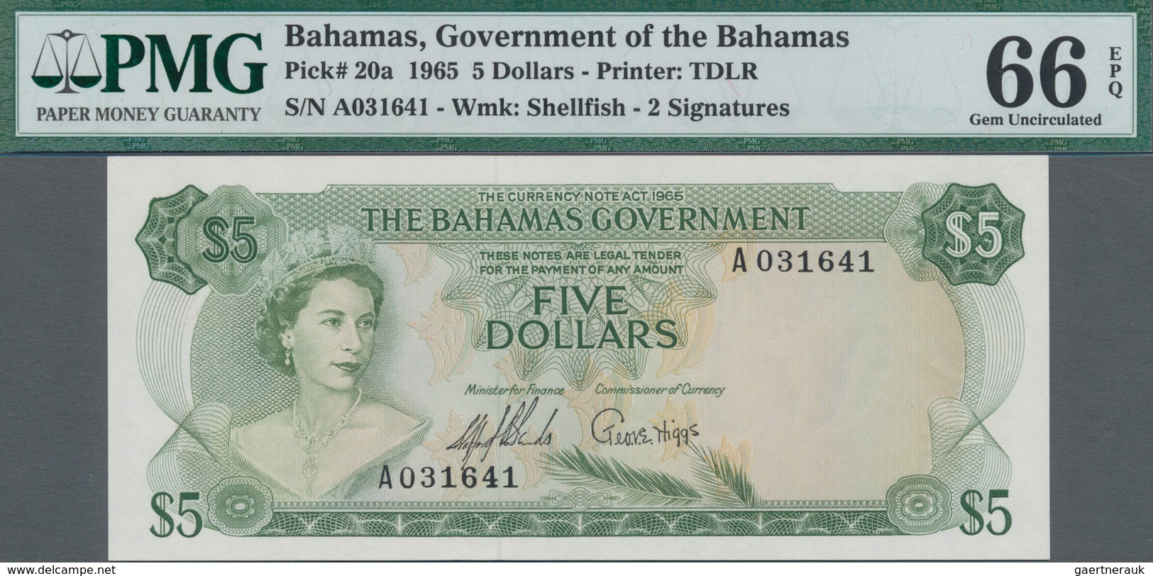 Bahamas: The Bahamas Government 5 Dollars L.1965, P.20a In Perfect Condition And PMG Graded 66 Gem U - Bahamas