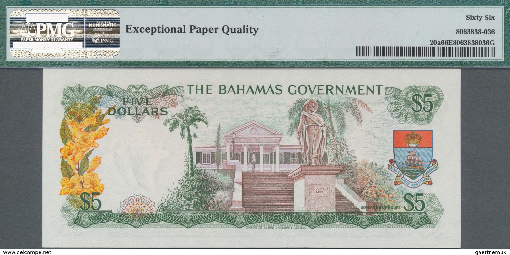 Bahamas: The Bahamas Government 5 Dollars L.1965, P.20a In Perfect Condition And PMG Graded 66 Gem U - Bahamas