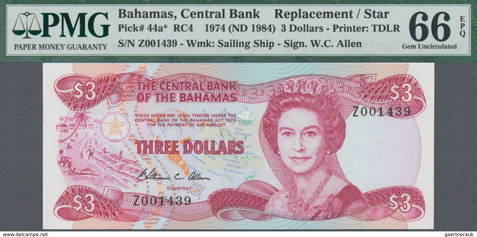 Bahamas: The Central Bank Of The Bahamas 3 Dollars L.1974 (ND 1984) Replacement Note With Serial Let - Bahamas