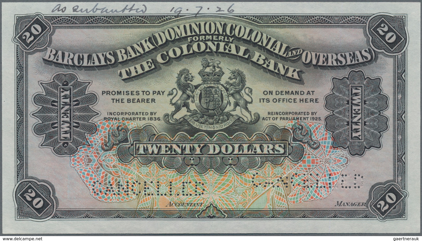 Barbados: Barclays Bank (Dominion, Colonial And Overseas) Formerly The Colonial Bank 20 Dollars 1920 - Barbados